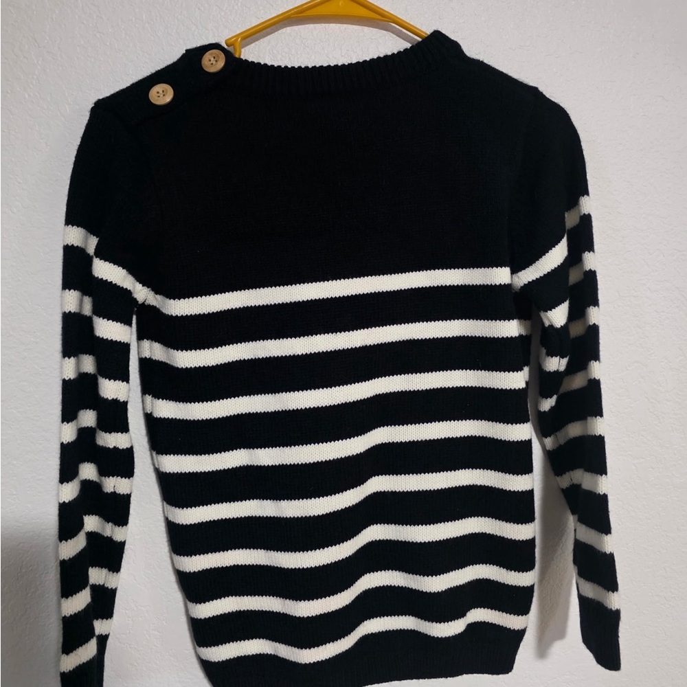 Black and White Striped Sweater with Button Detail